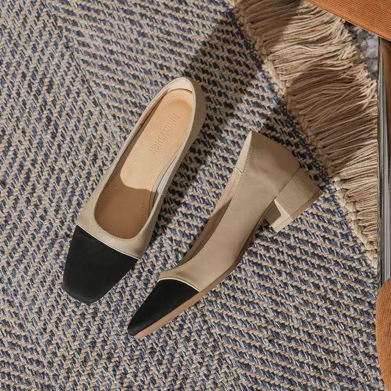 2025 spring and summer new foreign trade medium heel light mouth ladyshoes French high heels color matching thick heel foreign trade single shoes