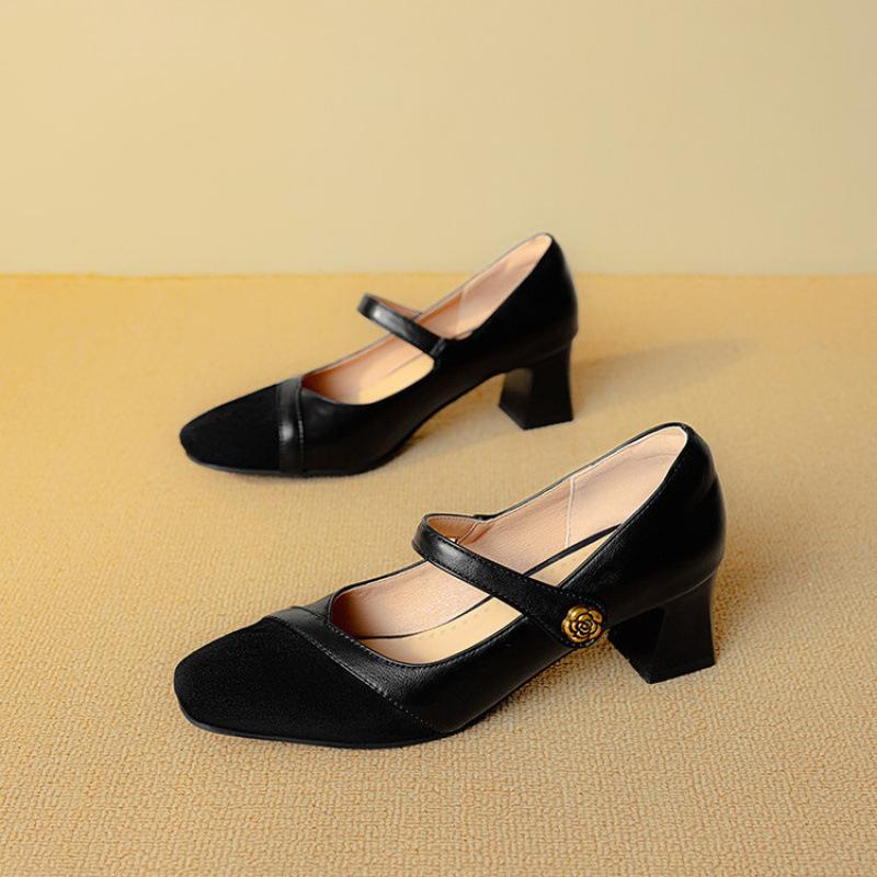 

Новая обувь на все четыре сезона для женщин, с легким вырезом, квадратным носком, повседневным квадратным каблуком, туфли-лодочки, женские черные туфли на высоком каблуке, резиновая подошва, женская кожаная обувь 39 чёрный