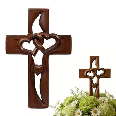 Handgeschnitzte verschlungene Herzen Wanddekoration Rustikale hölzerne Doppelherzen Wandskulptur Heim Wohnzimmer Hängende christlich-religiöse Verzierung