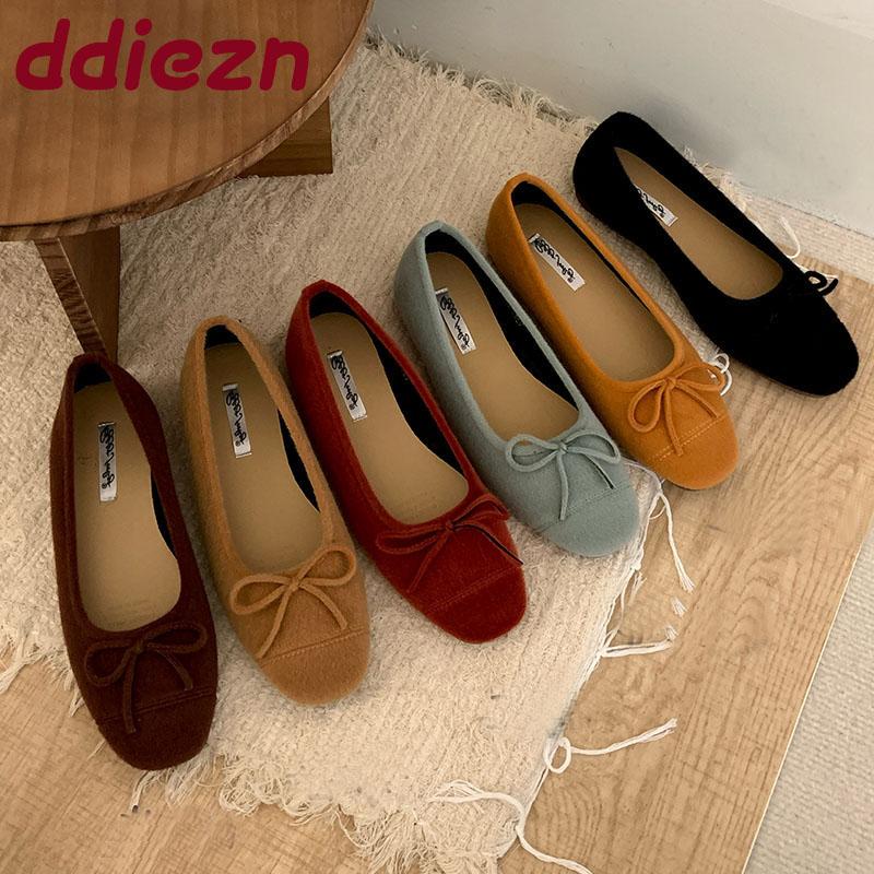 Fashion Female Butterfly-Knot Footwear Flock Women Ballet Flats Shoes Shallow Fashion Round Toe Ladies Flats Slip On Shoes