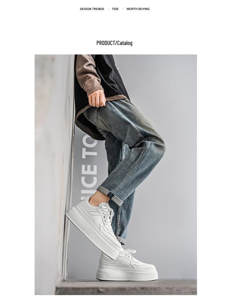 Herren Herbst Atmungsaktive Koreanischer Stil Dicksohlige Freizeit-Sneaker mit Unsichtbarem Höhenerhöhendem Weißem Design