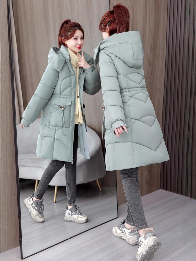 Women Hooded Collar Cotton Parkers Coat Zipper Coat Medium Warm Button Coat Jacket