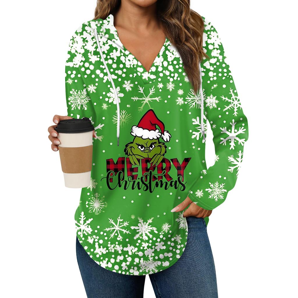 Women's Fashion Hoodies V Neck Long Sleeve Christmas Printed Drawstring Casual Loose Pullover Tops
