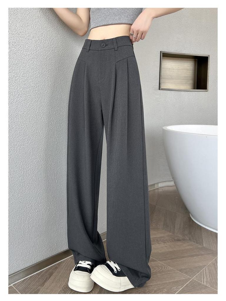 Gray High-Waisted Slimming Wide-Leg Suit Pants - Women's Versatile Loose Floor-Length Trousers for Spring and Summer