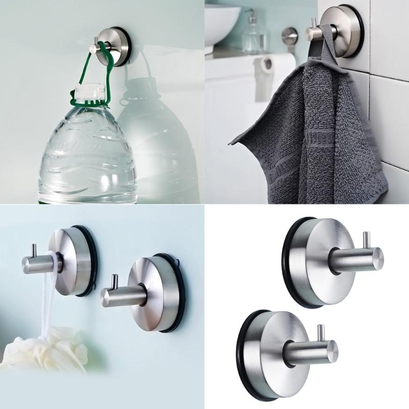 2pcs Metal Suction Cup Wall Mount Hook Strong Vacuum Bathroom Towel Hanging Hooks Stainless Steel Coat and Hat Hangers