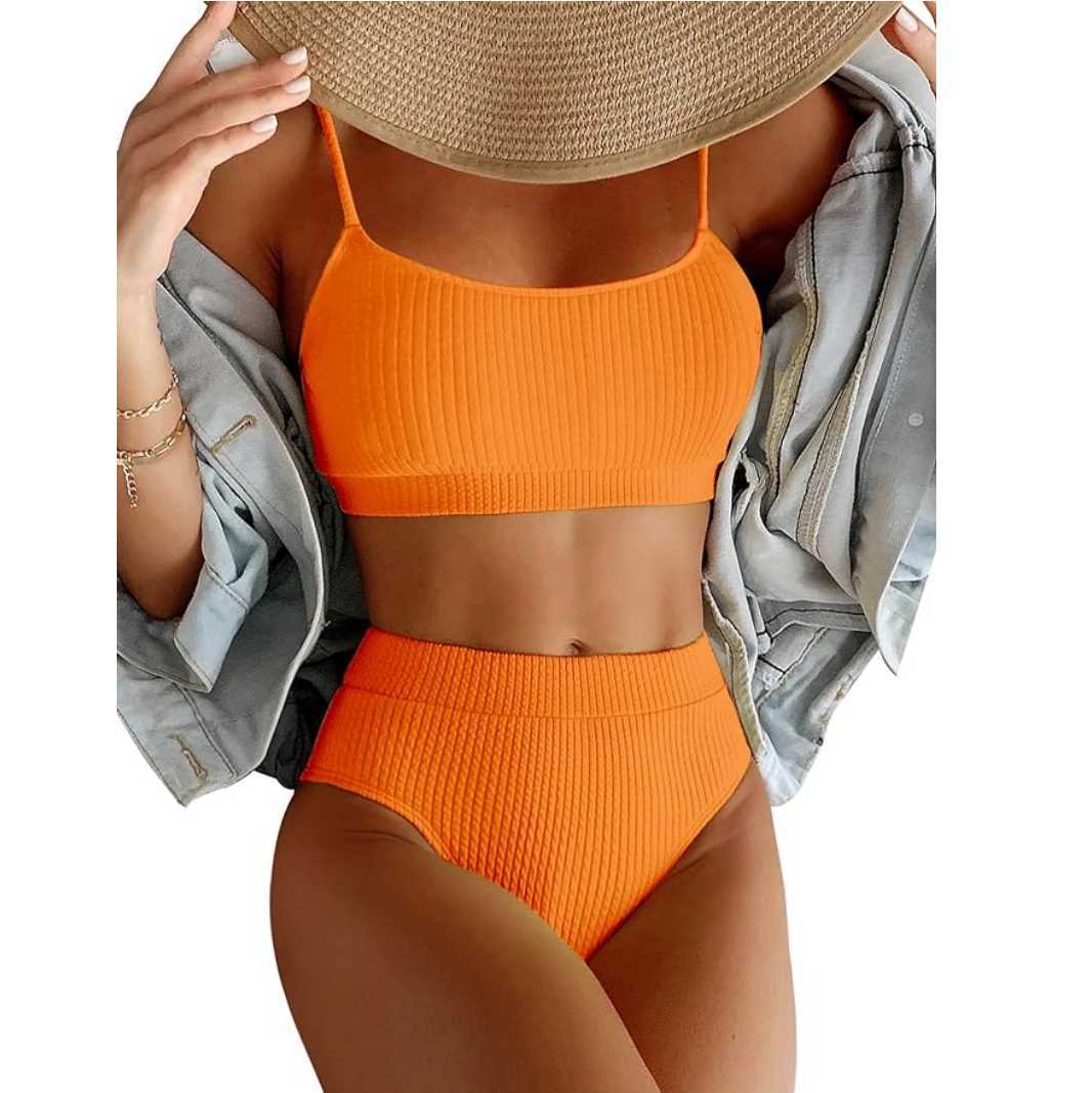 

Женский сексуальный желтый U-образный купальник из двух частей бикини с высокой талией XL оранжевый