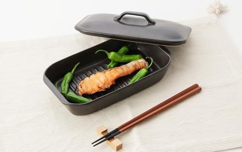 Ishigaki Delish Life Microwave Grilling Ceramic Plate for Meat and Fish, with Rectangular Lid, 19 X 11 Cm, 4577