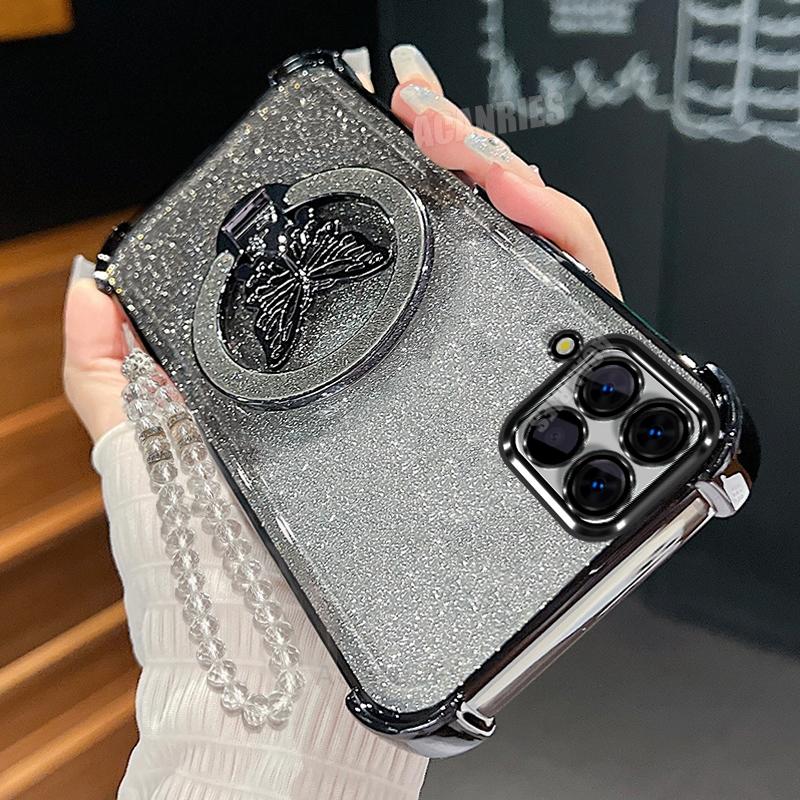 

A 12 22 Lanyard Butterfly Holder Case For Samsung Galaxy A12 A22 4g 5g Glitter Shockproof Protect Plating Silicone Stand Cover A12 (4G 5G)