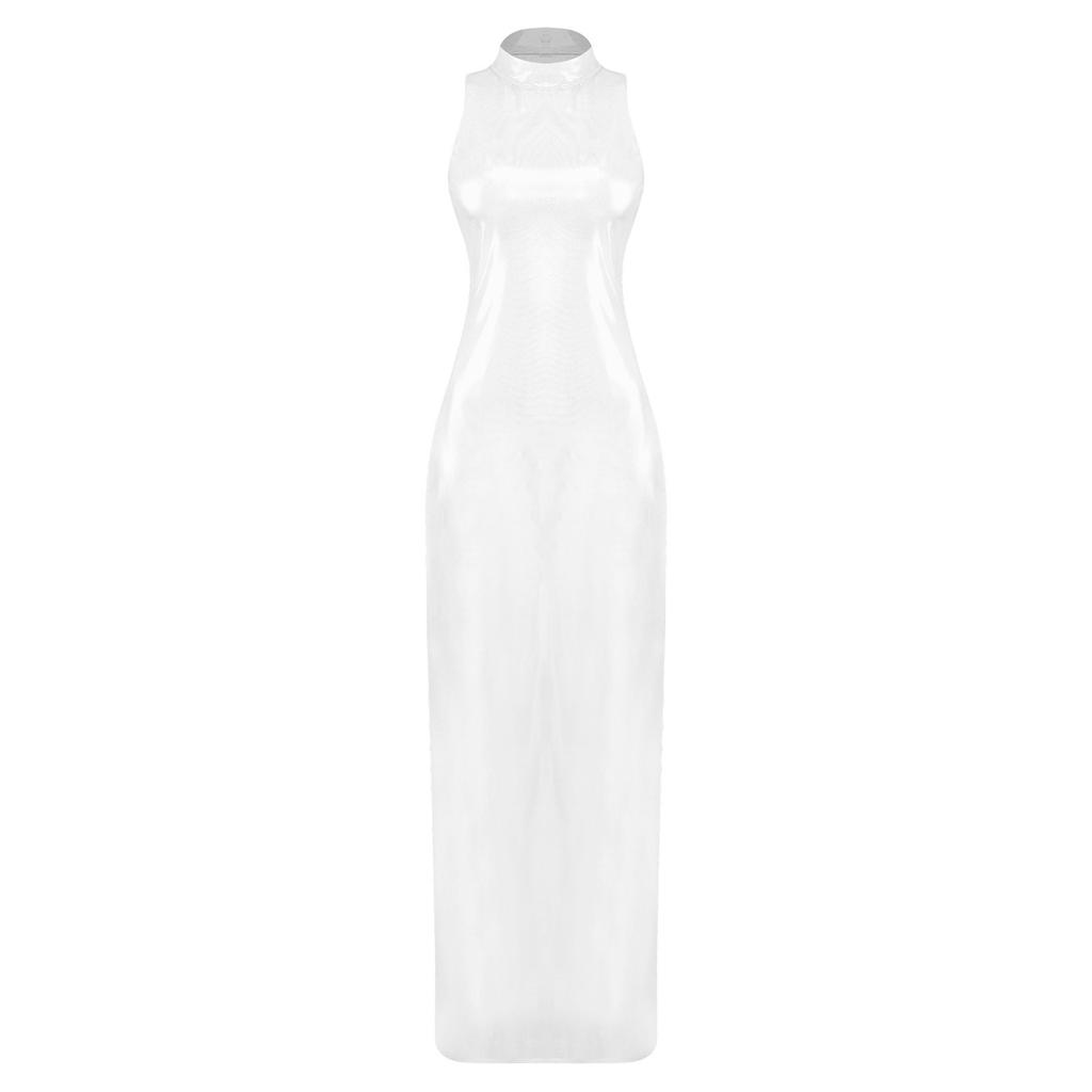 Womens Iridescent Metallic See Through Maxi Dress Mock Neck Sleeveless Bodycon Sheer Pencil Dress