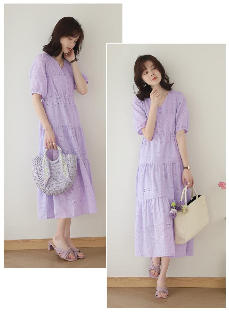 Sueeya Long Dress with Embroidered Short Puff High Stylish Perfect for and Outings in Summer Women's Lace, Sleeves, Ruffles, Sleeves, Waist, Ribbon,