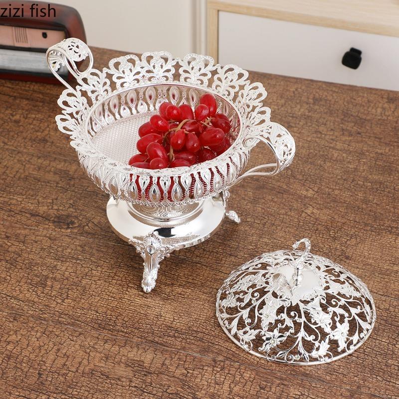 Metal Fruit Plate with Lid High Footed Fruit Basket Hollow Storage Basket Snack Plate Fruits Bowl Ornament Dried Fruit Box Tray