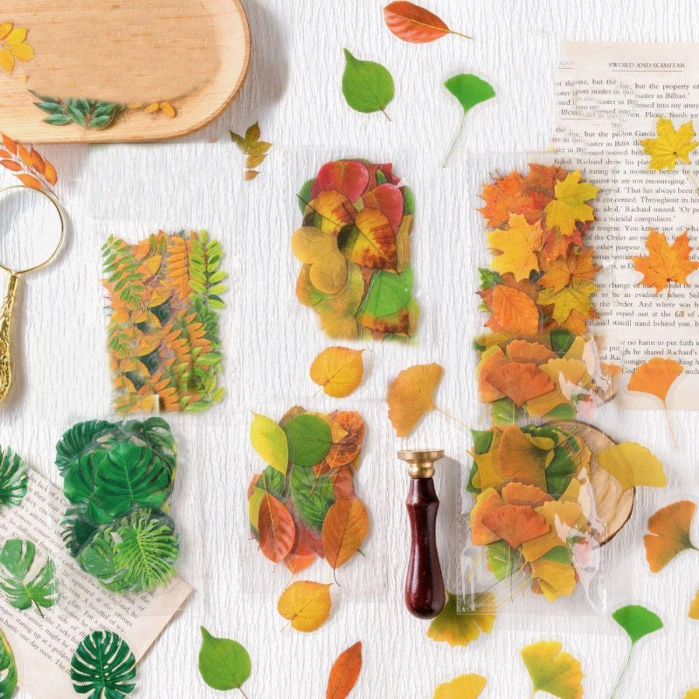 40PCS Green Leaf Maple Leaves Leaf Stickers Plant PET Scrapbook Stickers Nature Diary Stickers Album Journal Turtle Leaf Sticker