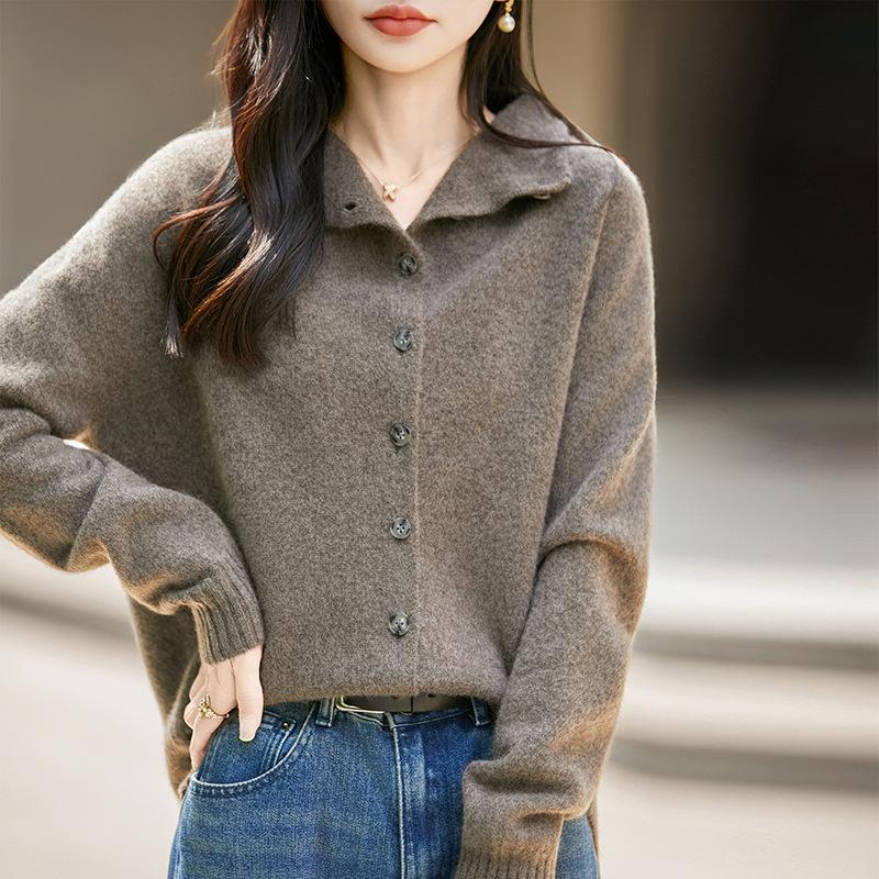 Women's 100% Wool French Stand Collar Single-Breasted Cardigan - Autumn/Winter Solid Color Knit Sweater with Rolled Hem