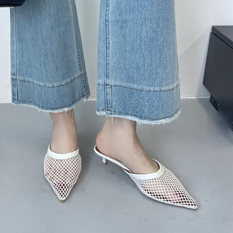 Fashion SUOJIALUN Women Slipper Fashion Pointed Toe Slip On Ladies Elegant Mesh Mules Shoes Thin High Heel Outdoor Sandal Big Size 41