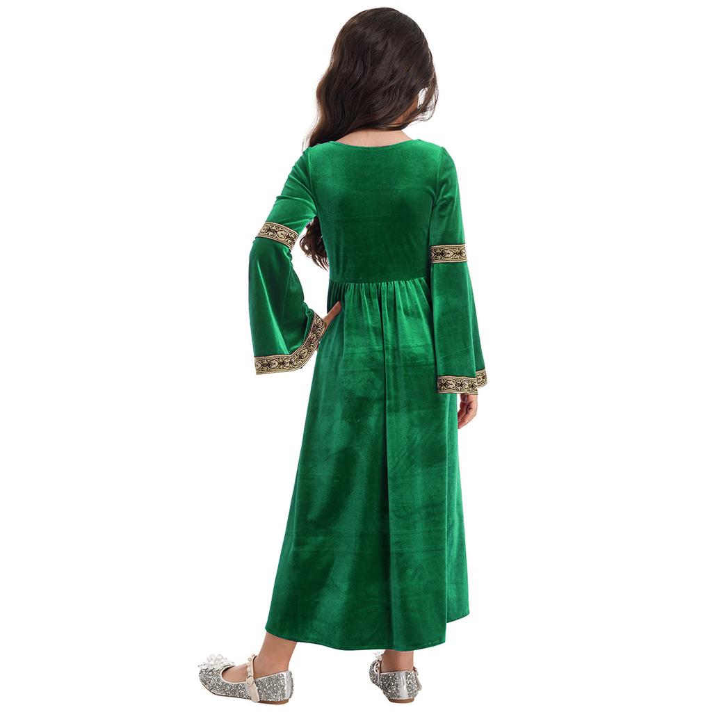 Girls Medieval Princess Velvet Dress Long Flare Sleeve Retro Patterned Band Dress Up Costume Royal Party Gown