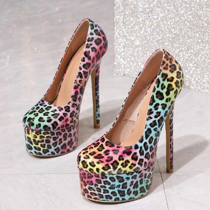 Pesstwei Designer Colorful Leopard Print Round Toe Platform Women Pumps Sexy Ultra Stiletto High Heels Party Banquet Shoes 35