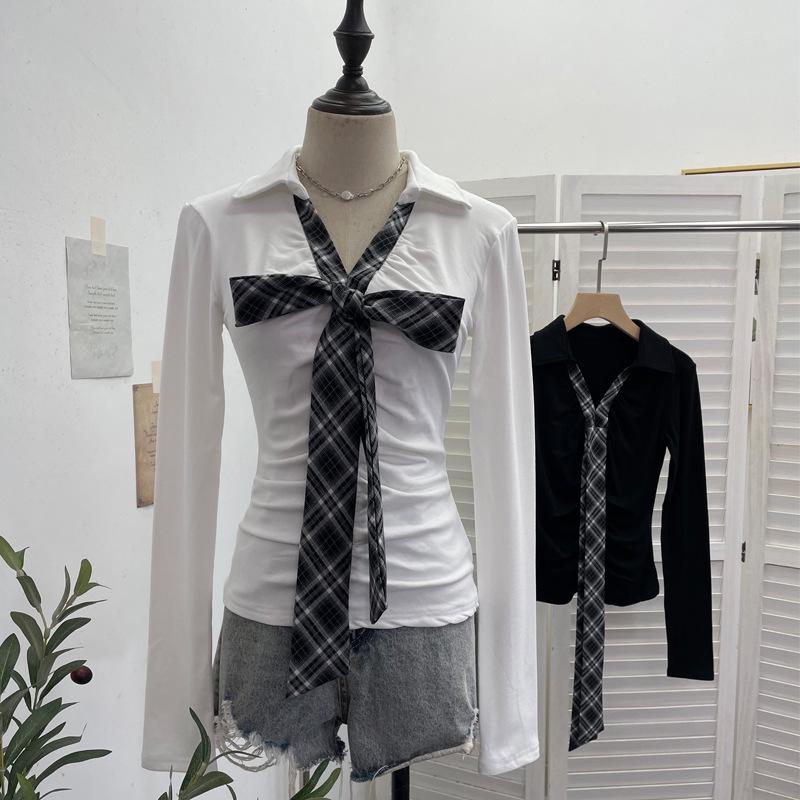 Spicy Girl V-Neck Bow Tie Lace-Up Long Sleeve Slim Pleated Top