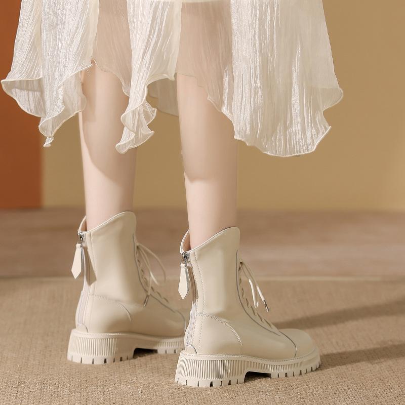 Middle heel autumn and winter new Martin boots women's thick-soled lace-up leather short boots women's beige temperament boots women