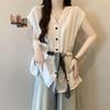 Plus-Size Korean Style V-Neck Buttoned Silk Scarf Sleeveless Women's Summer T-shirt - New Loose Slimming Design