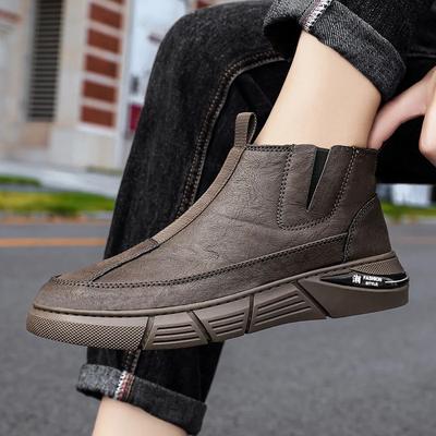 Men'S Leather Chelsea Ankle Boots Men Casual Soft Sole Comfortable Shoes Versatile Male British Style High-Top Trend Work Boots