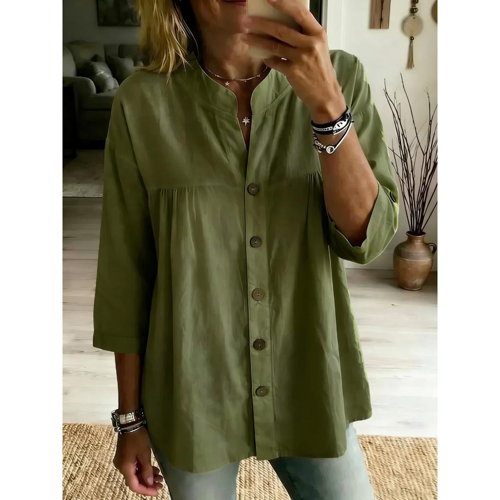 Spring Summer Women's Cotton Linen Shirt, Vintage Retro Solid Color Casual 3/4 Sleeve Blouse Top For Women, European American Fashion
