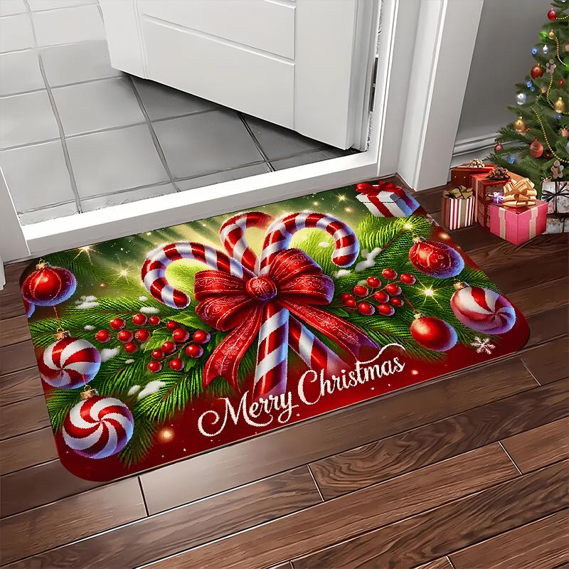 Christmas Candy Cane Kitchen Rug, Indoor Outdoor Flannel Non-Slip Soft Mat for Kitchen Office Bathroom Holiday Home Decor