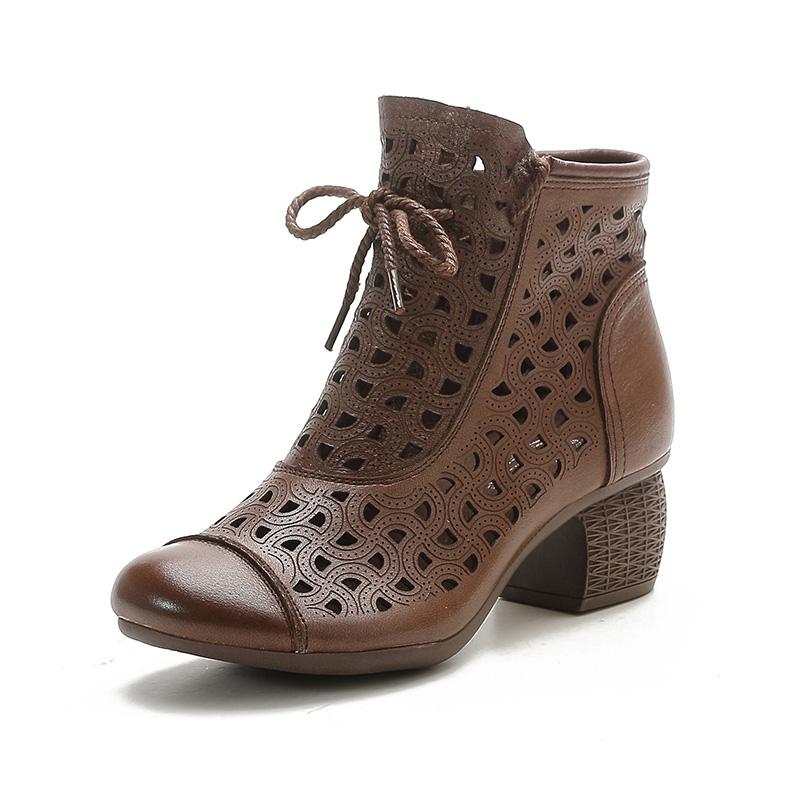 Fashion GKTINOO 2025 Summer Ankle Boots Genuine Leather Shoes Women Mid Heels Sandals Side Zip Boots Cutout Breathable Mujer Zapatos