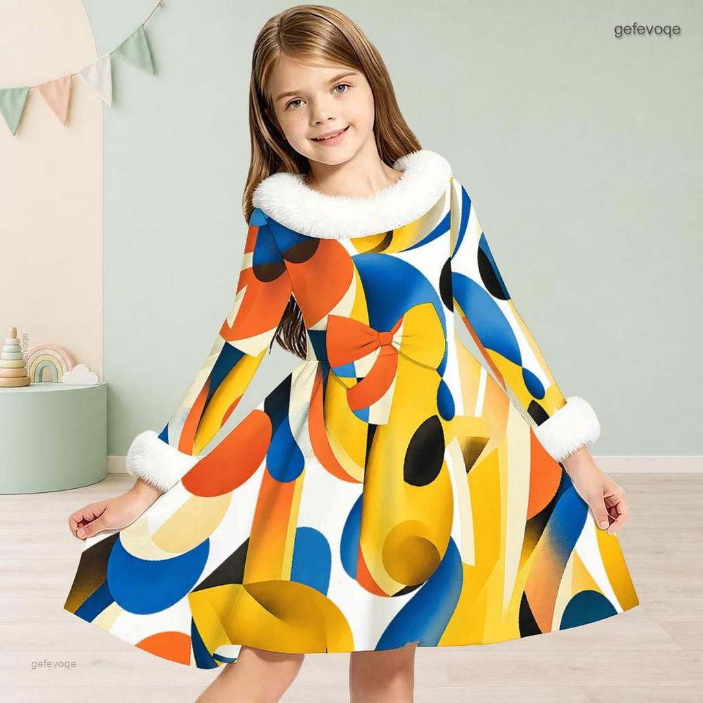 Girls High Neck Long Sleeve Geometric Printed Dress Furry Collar And Cuffs A Line Flared Hem