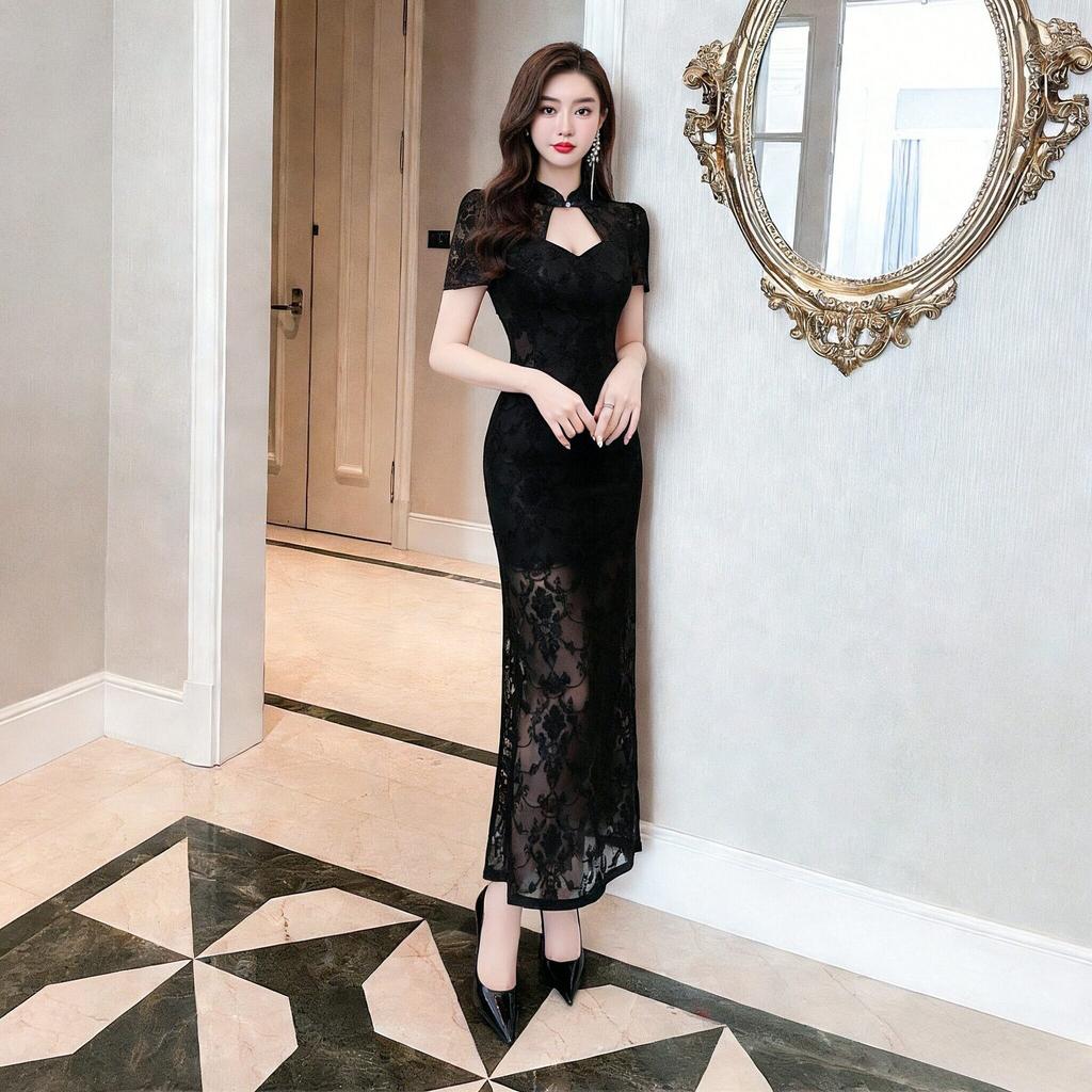 New Chinese-style Black Lace Splicing Dress, Stand-up Collar, Slim-fitting Long Split-fork Fishtail Skirt, Thin and High-end Skirt