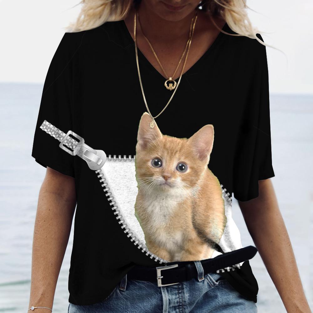 

Футболка з тривимірним принтом «кіт» Жіночі футболки з V-подібним вирізом, жіночі повсякденні модні футболки з короткими рукавами Вуличний одяг Жіночий одяг Y2k 4XL