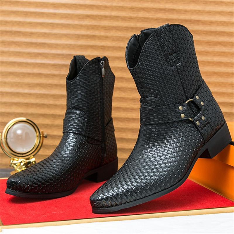 New Winter Fashion Pointed Toe Knit Pattern Chelsea Ankle Boots Men's Casual Luxury Brand High-top Shoes Zapatos Hombre