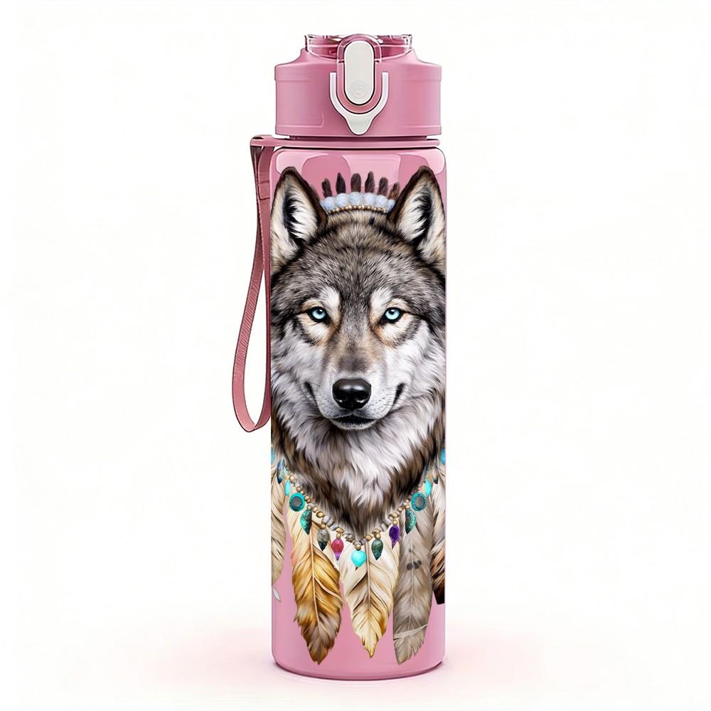 1PC Wolf Head Native Wild Animal Portrait 750ml Color Plastic Sports Water Bottle Leakproof Flip Straw Lid Suitable for Sports Office Home Use