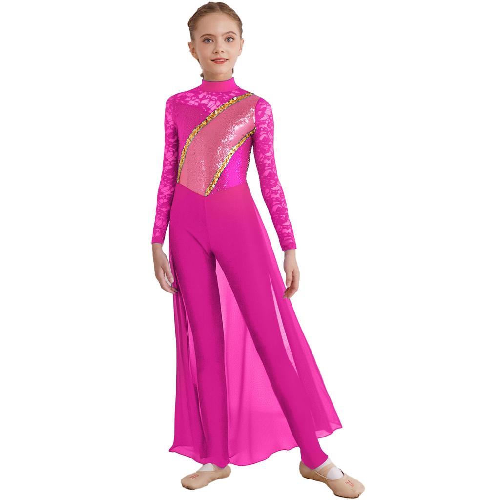 Fete Gimnastică Patinaj Artistic Salopetă Dantelă Florală Mânecă Lungă Gât Mock Paiete Fustă Șifon Salopete Costum de Dans