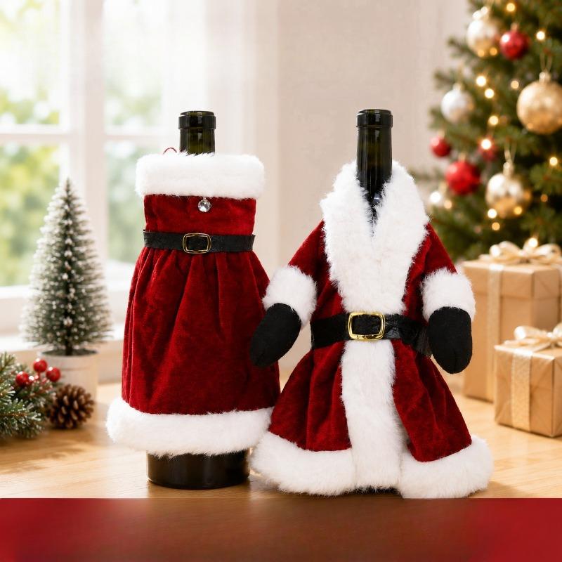 Christmas wine bottle cover, fabric Santa Claus clothing, red wine bottle table decoration