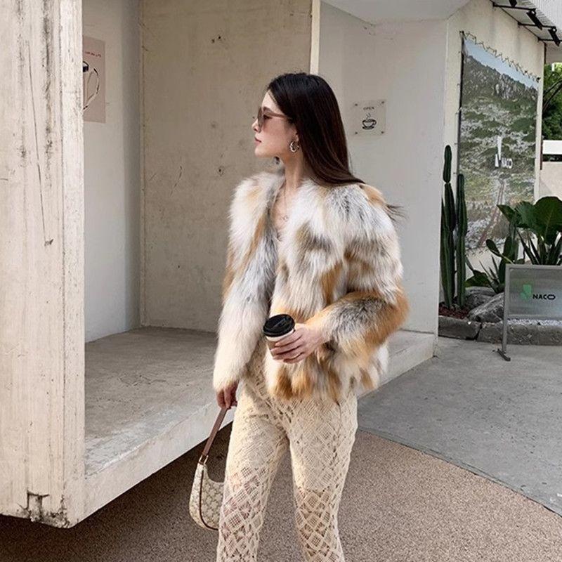 Nový zimní ekologický kabát z liščí kožešiny Top luxusní imitace kožešiny Sun Fox Celokožený kabát ze středně dlouhé kožešiny pro ženy