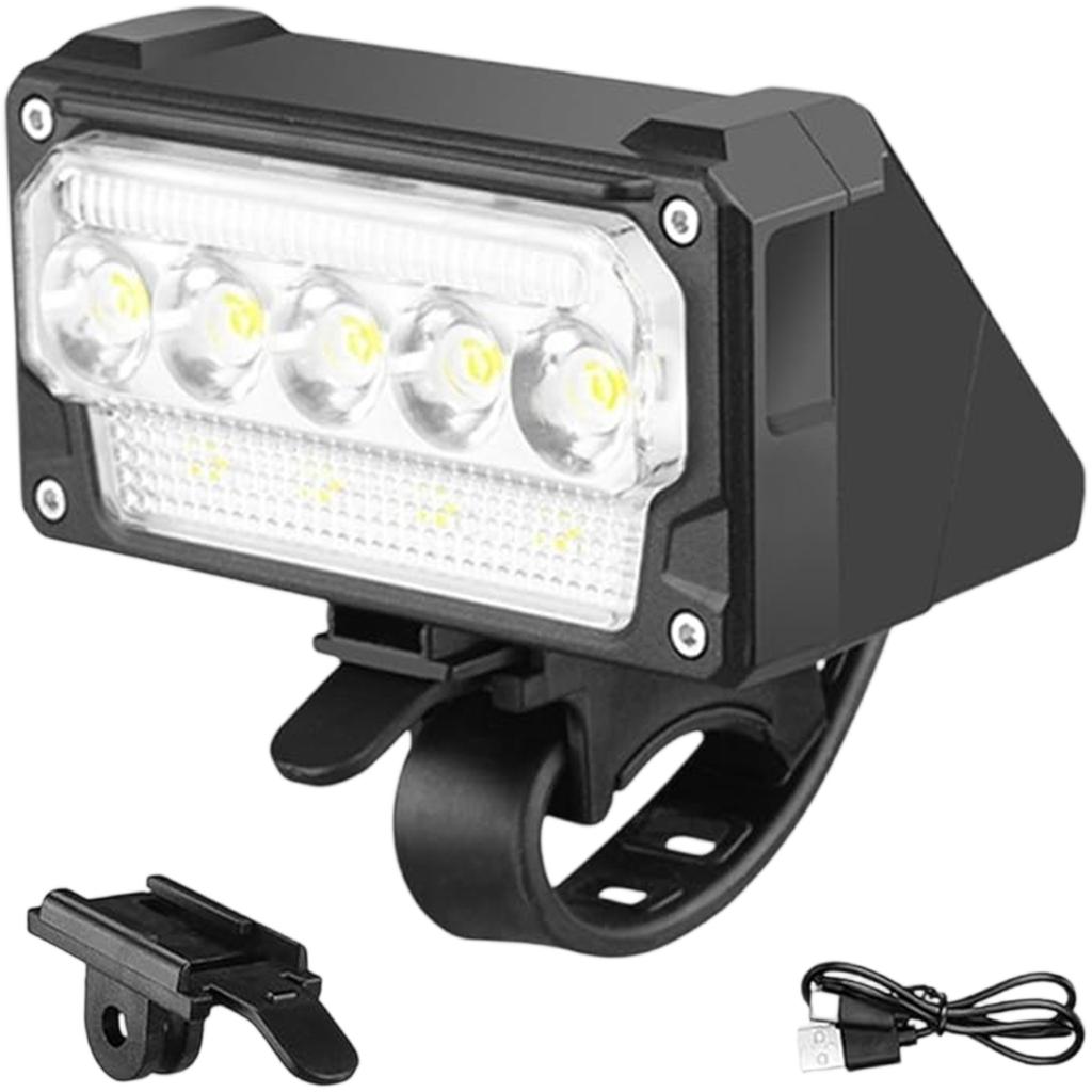 Chytré světlo – Světločivá přední lampa s 5 silnými LED, červené a modré světlo pro horská a silniční kola