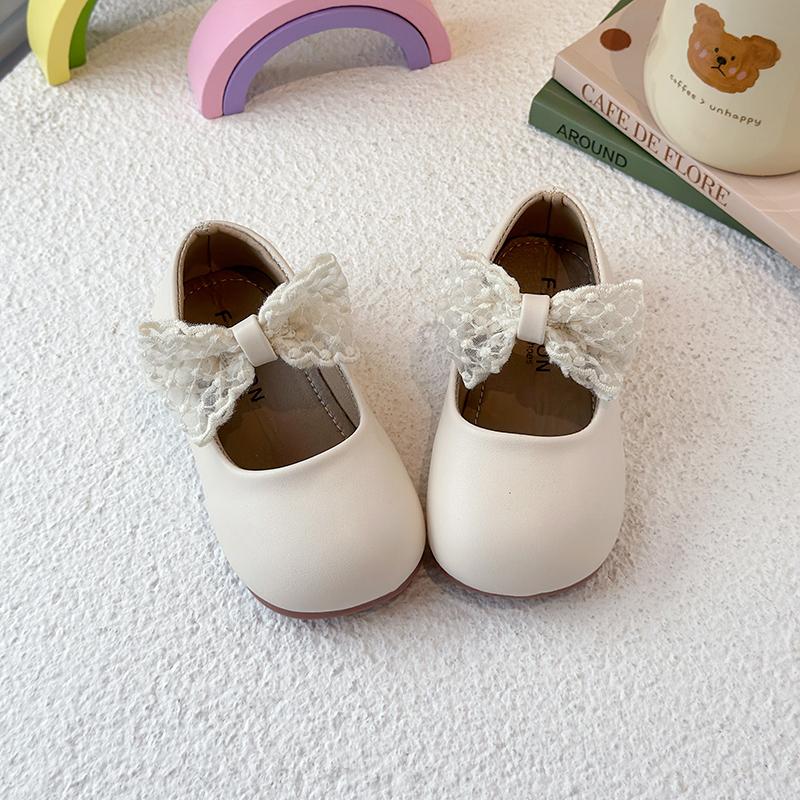 Girls Flat Shoes Mesh Lace Bows Kids Princess Shoes Round Toes Sweet Ins Trendy 2025 New Girls Leather Shoes Pu Elegant Shiny