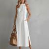 Neck Hanging Lace Splicing Dress Hollow Out Women's Summer Dress Solid Color Long Skirt  Beach Wear