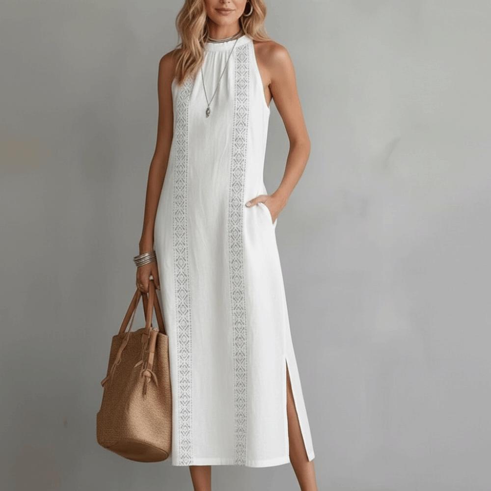 Neck Hanging Lace Splicing Dress Hollow Out Women's Summer Dress Solid Color Long Skirt  Beach Wear
