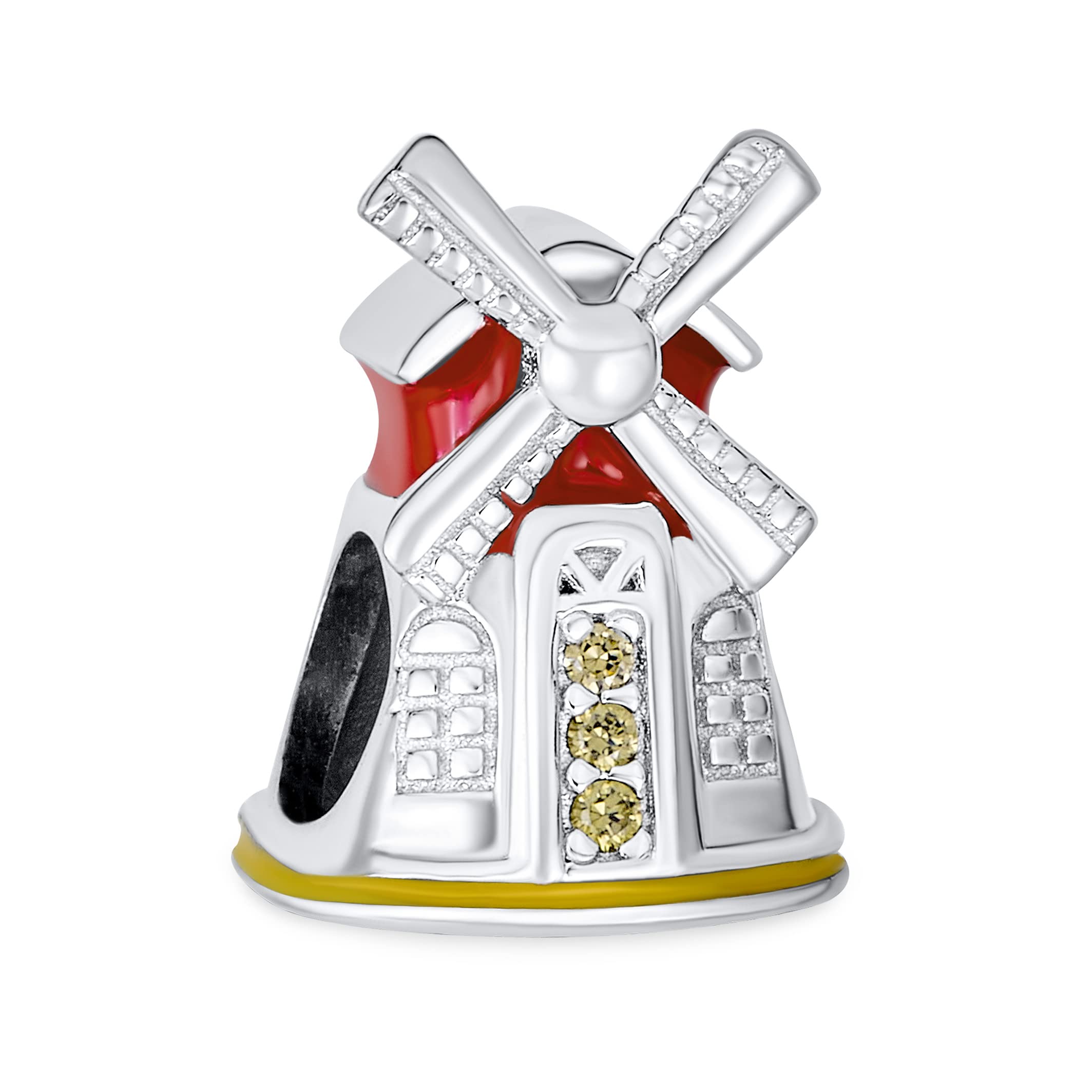 

Travel Vacation Landmark Holland Dutch Windmill Red Enamel CZ Charm Beads for Women Teenagers Sterling Silver European [Bling Jewelry] Tourism .925