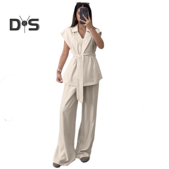 Ensemble 2 Pièces/Ensemble Costume Femme Gilet Pantalon Ensemble Col V Revers Lacé Taille Ceinturée Sans Manches Gilet Taille Haute Couleur Unie Longueur Totale Pantalon Court OL Travail