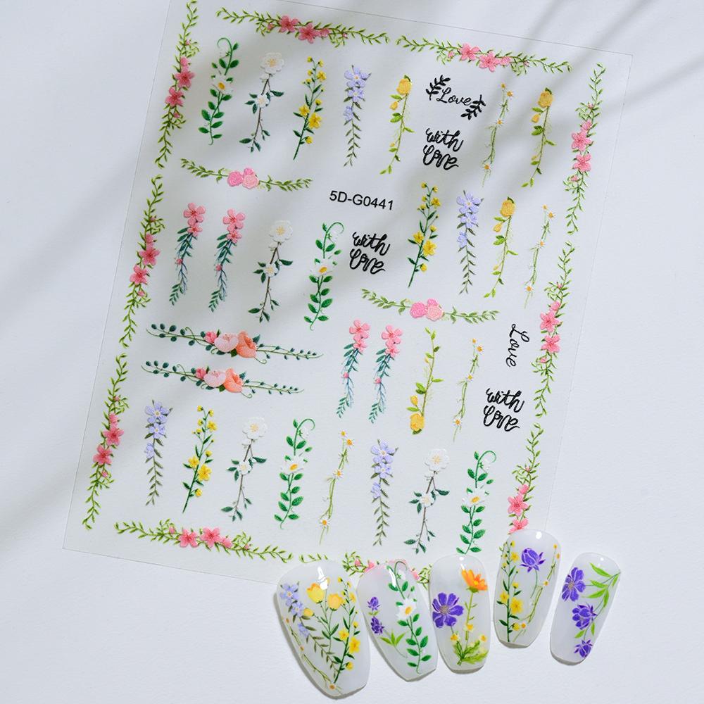 5D Hibiscus Flower Nail Embossed Sticker Lace Flower White Pink Petal Floral Self Adhesive Nail Art Slider DIY Elegant Romantic