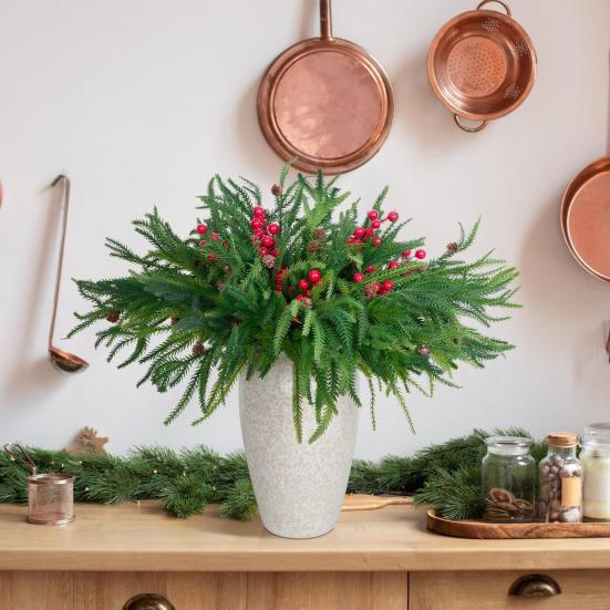 Simulated Pine Branch Faux Greenery Foliage Artificial Pine Sprig with Pine Cones Red Berries for DIY Wreath Home Vases Christmas Winter Parties