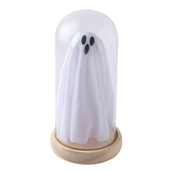 Yousheng Halloween Ghost Decor Light Up Ghost in Glass Cloche with Wood Base Cute Ghost Night Light Decoration for Table Shelf Fireplace Room Decor