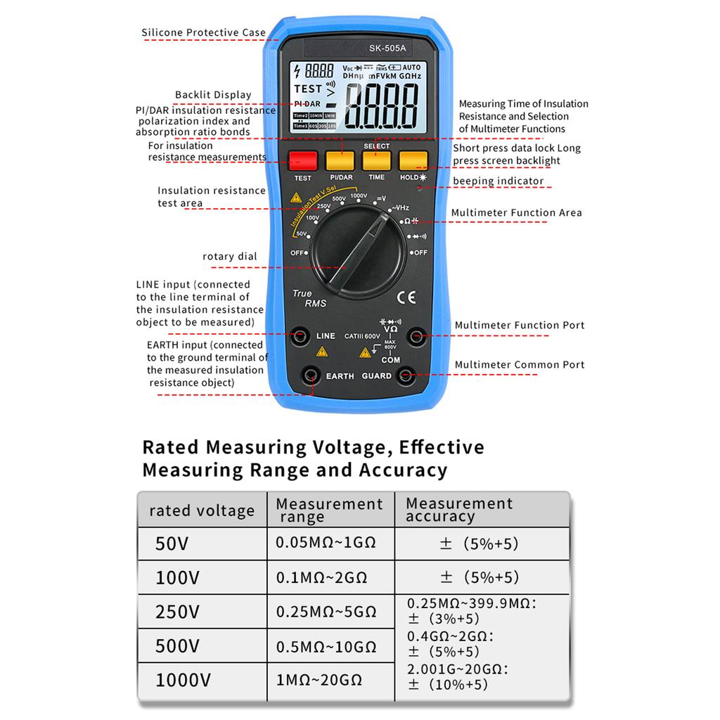 SK 505A Megohmmeter Insulation Tester & Digital Multimeter 2in1 Portable Auto Measure AC DC Voltage Capacitance