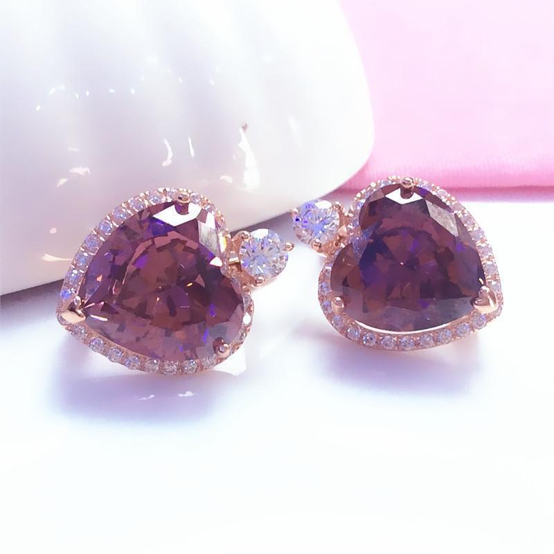 Серьги-гвоздики с покрытием из розового золота, поверхность в виде яйца, инкрустированные цирконами в форме сердца, роскошный темперамент, высококачественные серьги из цветного золота.