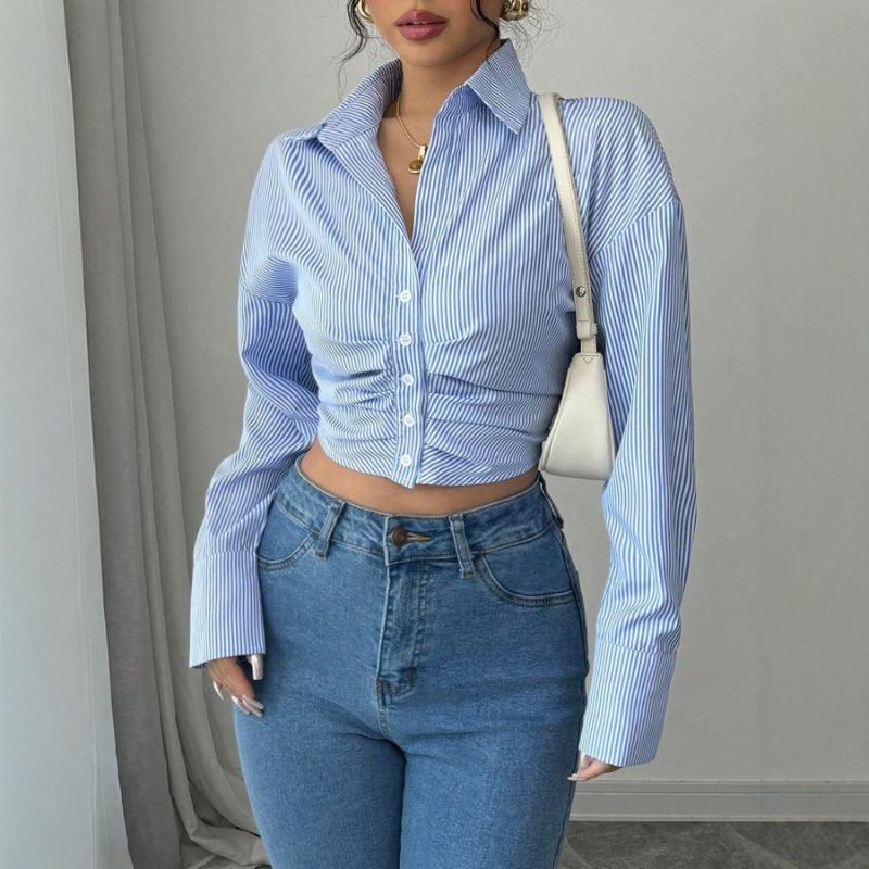 Women Striped Cropped Button Down Shirt Long Sleeve Ruched Waist Blouse S синий