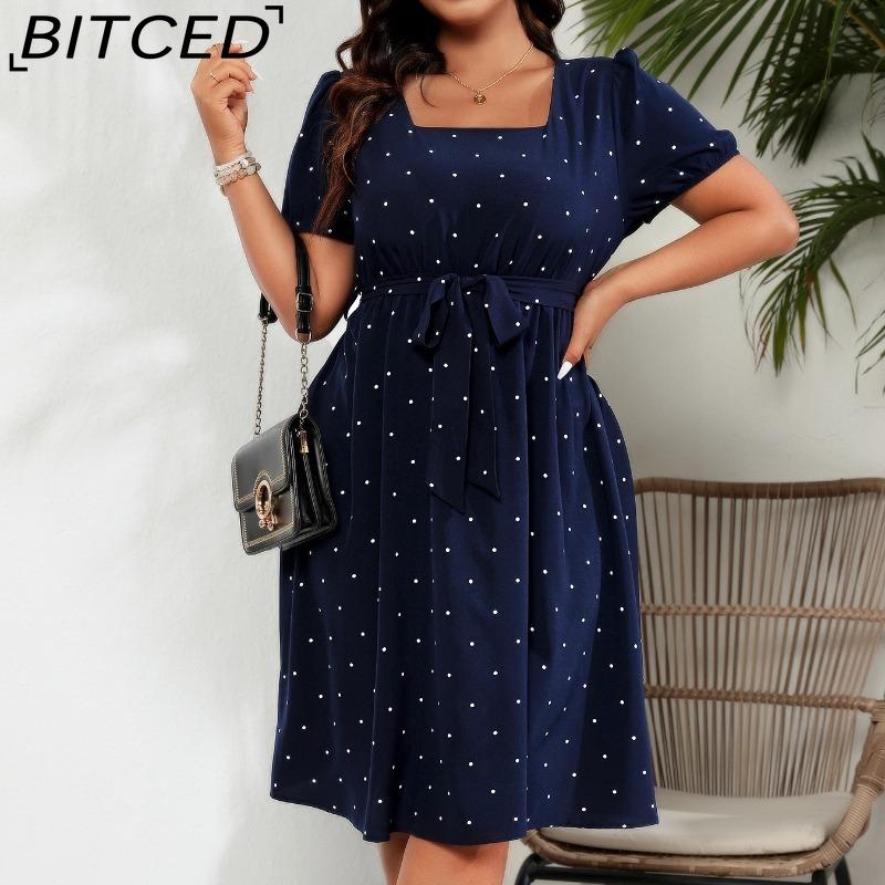 BITCED Plus Size Women's Elegant Vintage Polka Dot Waist-Tied Square Neckline Full-Skirt Dress