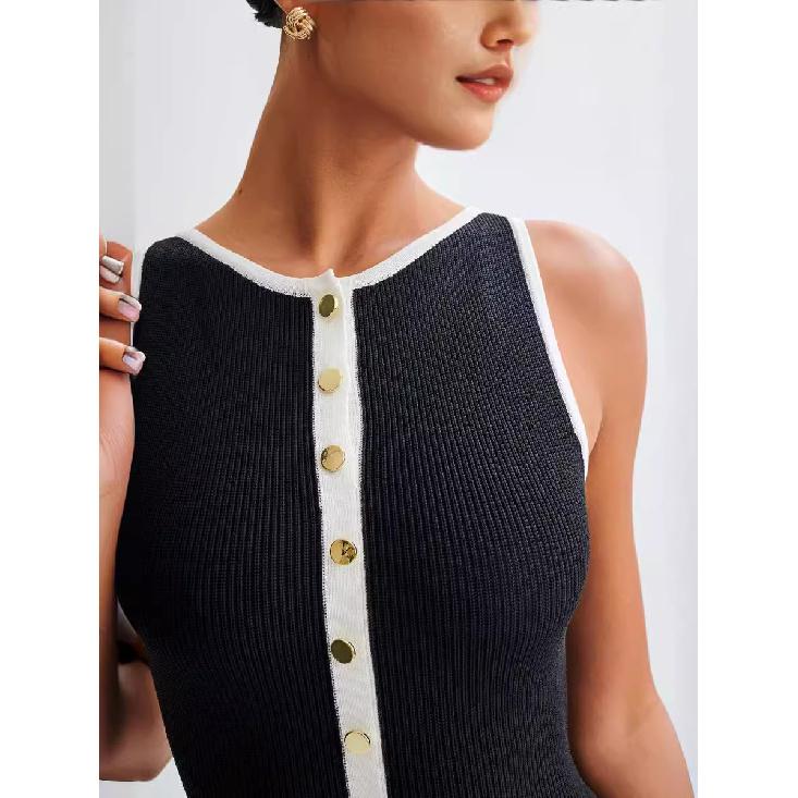 2025 European And American New Slim Fit Knitted Dress With Elegant Temperament, Sleeveless High-End Metal Buckle Dress, Long Skirt