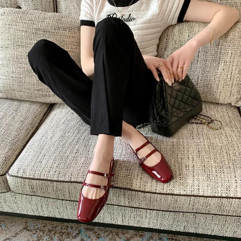 Fashion Women Flats Silver Mary Jane Sandals Female Summer New Leather Mary Jane Strap Fashion Square Toe Shallow Elegant Flats Pumps